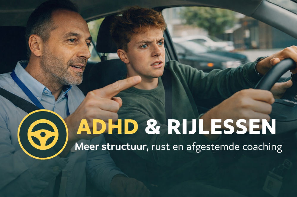 alt="Rijinstructeur die een leerling met ADHD begeleidt tijdens rijles, met focus op structuur, rust en duidelijke coaching in het verkeer"