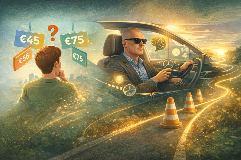 alt="Illustratie van rijschool vergelijken met focus op lesprijzen, leerroute, examenstrategie en slim kiezen voor het rijbewijs"