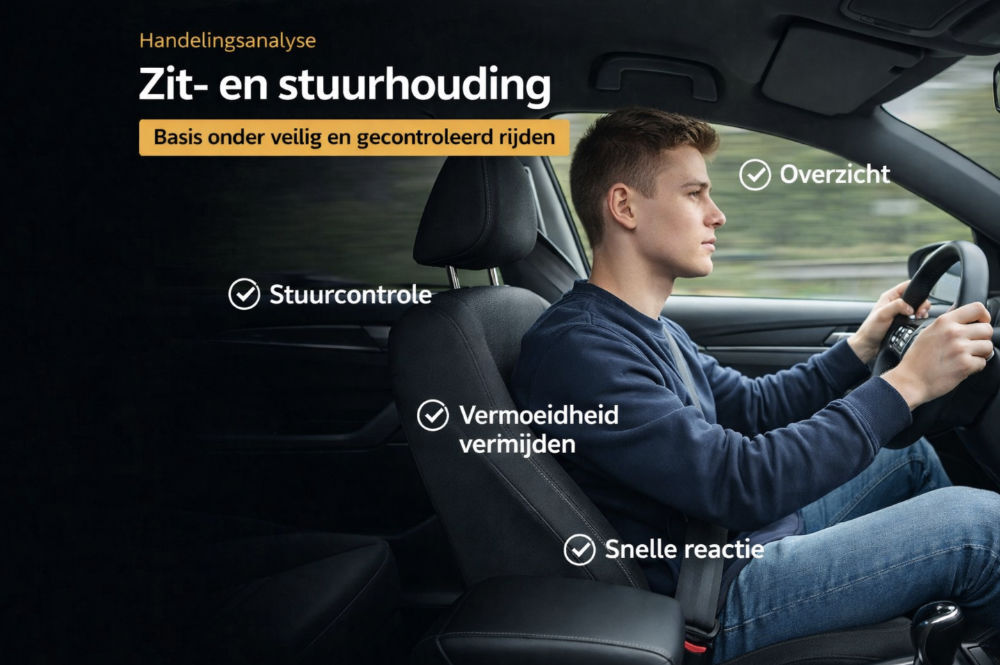 Zit- en stuurhouding uitgelegd met bestuurder in juiste houding voor overzicht, controle en snelle reactie