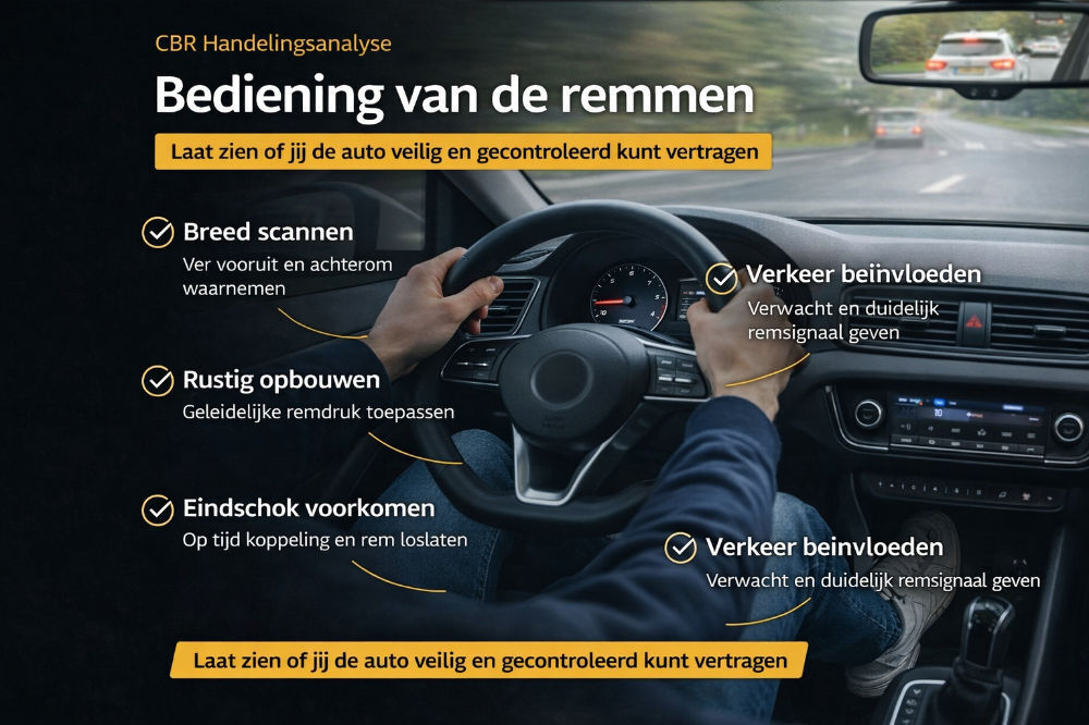 Bestuurder remt rustig en gecontroleerd met goed overzicht en juiste techniek tijdens autorijden