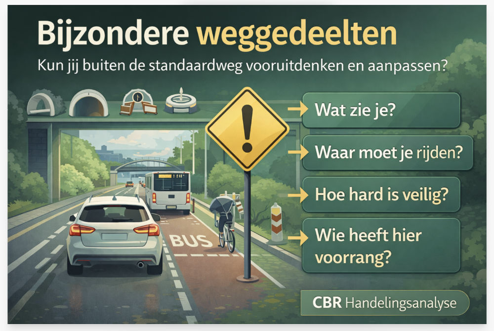 Bijzondere weggedeelten in het verkeer met auto op busbaan naast fietser en brug, voorbeeld van verkeersinzicht en aanpassing tijdens praktijkexamen