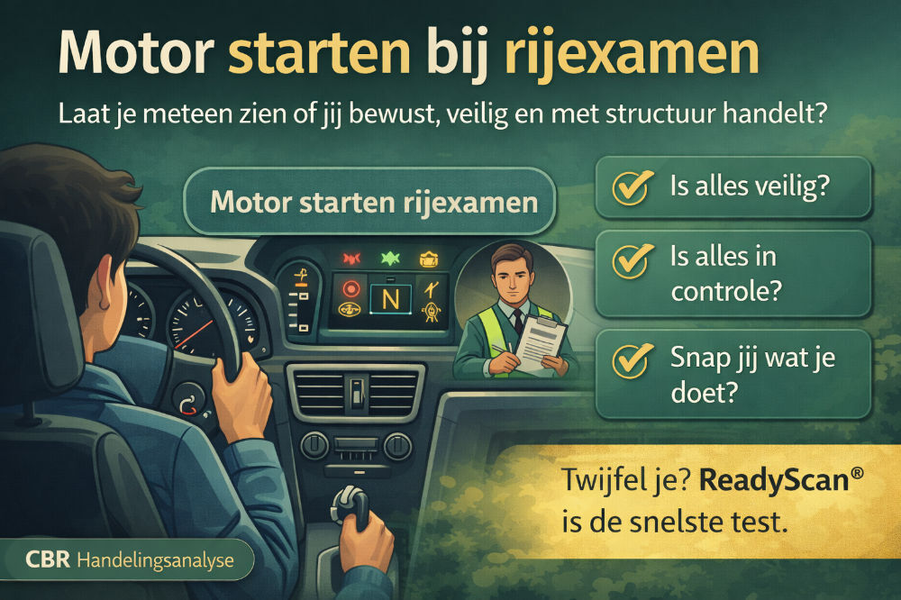 Leerling start de auto tijdens rijexamen terwijl examinator meekijkt en dashboard controle zichtbaar is